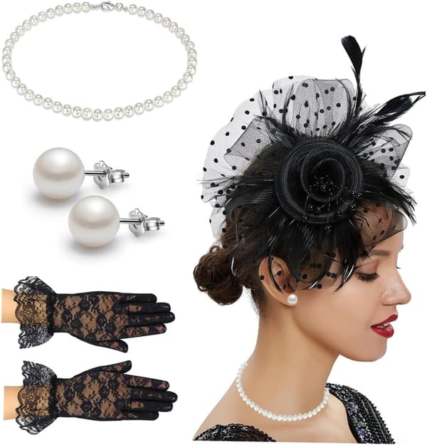 Fascinatorhattsett for kvinner til teselskap, svart netting, perlekjede, øredobber