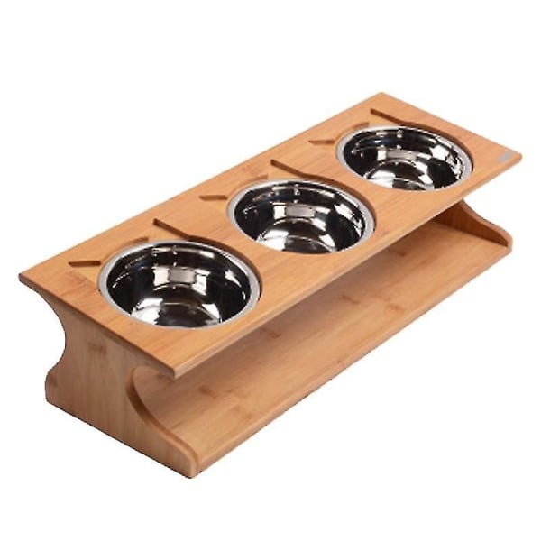 Health Pet Feeder Three Bowls Stainless Steel Bamboo Frame