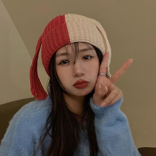 Par Knit Strik Beanie Hat Sød Lang Kaninøre Farvematchende Varmt Hat Red