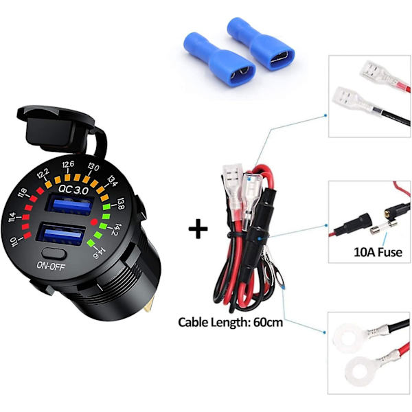 Pikalataus 3.0 Auton Latauslaite, Vedenkestävä 36w, Kaksi USB Qc3.0, Virtapistoke