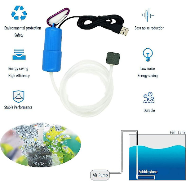 Mini USB Akvarieluftpump Luftsten Slang Blå