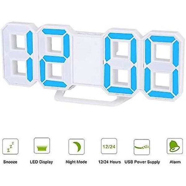 3d LED digital veggklokke, skrivebordsvekkerklokke på soverommet digital veggklokke, 21,5 X 8,8 cm (blå)