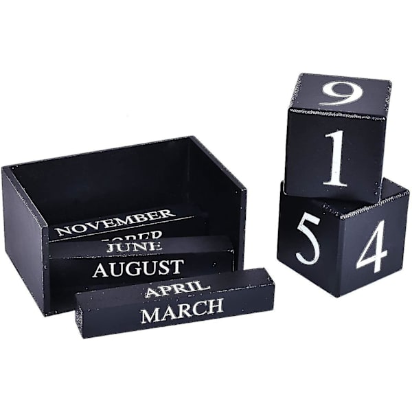 Træblok Kalender - Evig Blok Måned Dato Display Hjem Kontor Dekoration (sort) (shikai)-yuhao