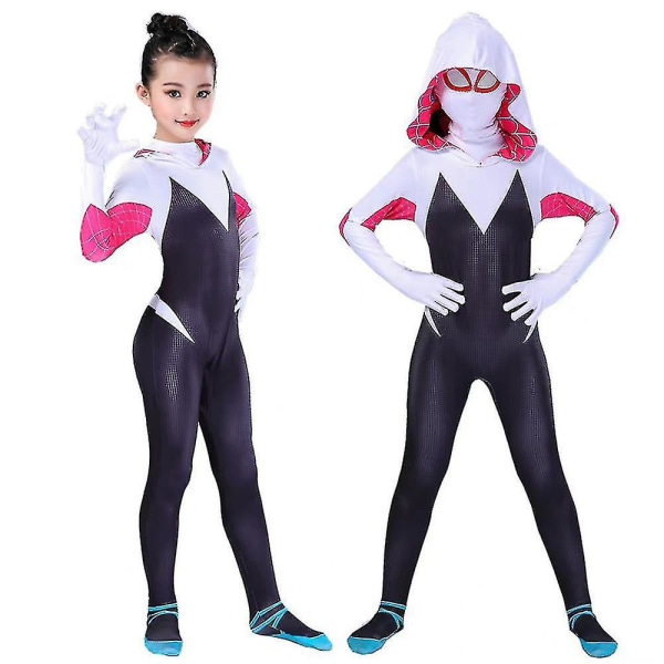 Spider-Man: Into The Spider-Verse Gwen Bodysuit Kostyme med Maske Barn Jenter Superhelt Jumpsuit Fan 9-10 Years