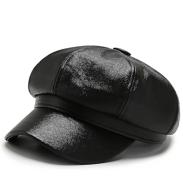 Dame Pige Pu Spids Beret Hat Solid Ottekantet Hat Pu Læder Hatte Mode. (sort)(1stk)