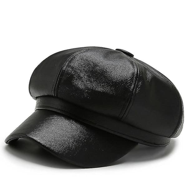Kvinna Flicka PU Spetsig Baskerhatt Solid Oktagonhatt PU Läder Hatt Mode. (svart)(1st)