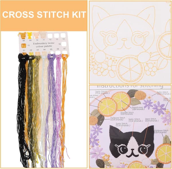 Katt broderisett Nybegynner DIY Håndbroderisett Bomullsmateriale