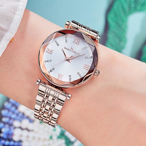 Naisten vedenkestävä kvartsikello Naisten muodikkaat korkealuokkaiset Japanin kellon liikkeet Naisten Rose gold shell blue surface