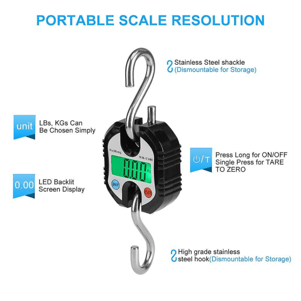 Bagagevåg med 2 krokar i rostfritt stål, digital kran, bärbar LCD-elektronisk hängande våg