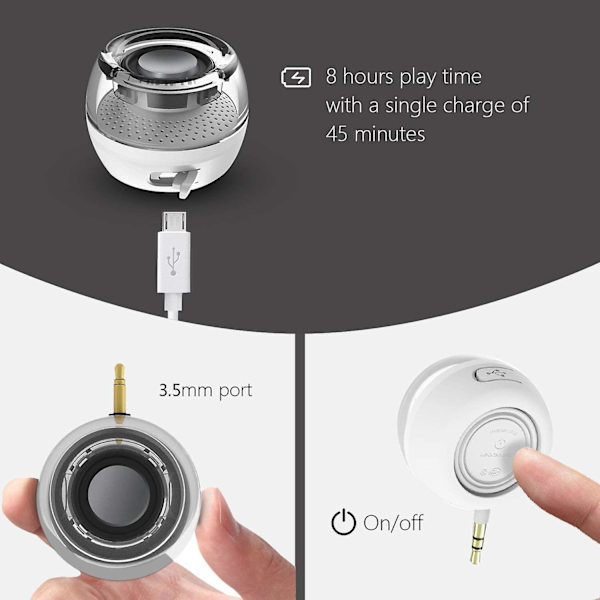 USB-kaiutin, linjatulokaiuttimet 3,5 mm:n ääniliittimellä ja pienikokoinen pyöreä muoto, tehokas selkeä basso sisäänrakennetulla akulla ja Micro-USB-portilla (valkoinen)