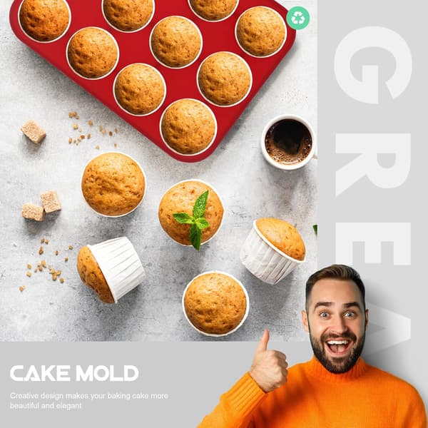 Silikon muffinsbakeform med 12 kopper, non-stick fleksibel silikonbakeform