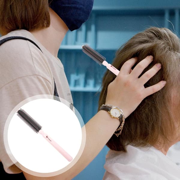 Mini rund hårborste för kvinnor, rosa plastfönborste, resevänligt stylingverktyg