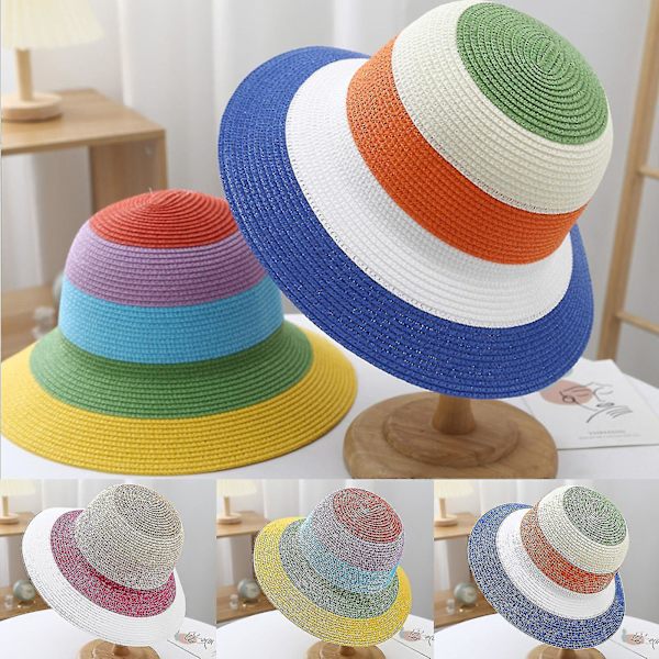 Delikat Halmhat Floppy Stribet Hat Solhat Foldsbar Spand Hat Til Camping Blue
