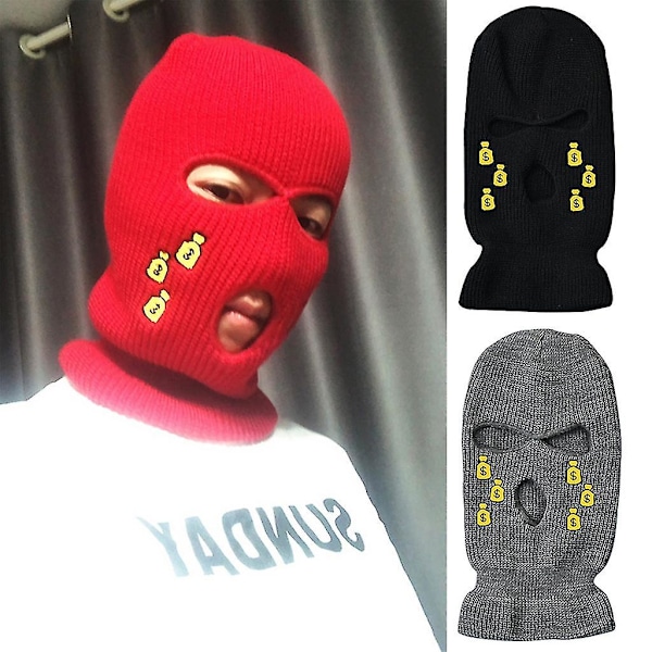 Trendy 3-Hulls Maske Strikket Lue Vinter Dollar Broderi Fullt Ansiktsdekke Vinter White