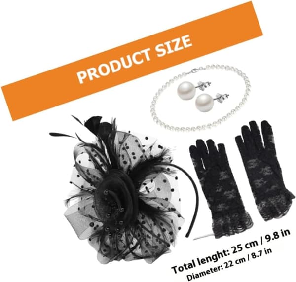 Fascinatorhattsett for kvinner til teselskap, svart netting, perlekjede, øredobber