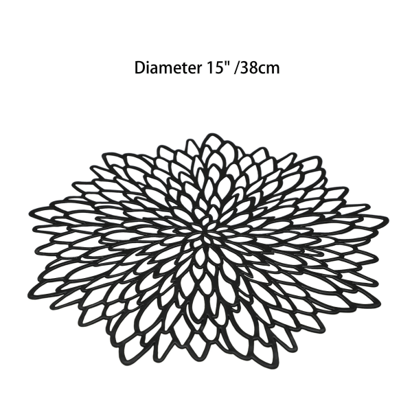 Set med 6 svarta bordstabletter pressad vinyl ihålig runda blommiga matbordsmattor Mittdekorat