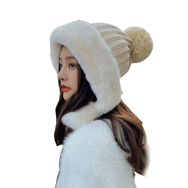 Kvinder Vinter Beanie Hat Ski Cap Fleece Foret Øre Flap Dual Layered Pompom Hat Beige