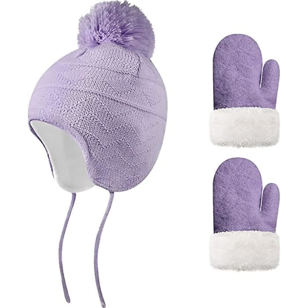 Sæsonens småbørnshatte og -handsker sæt med strikkede baby-øreværn hatte og varme uldvanter til børn purple