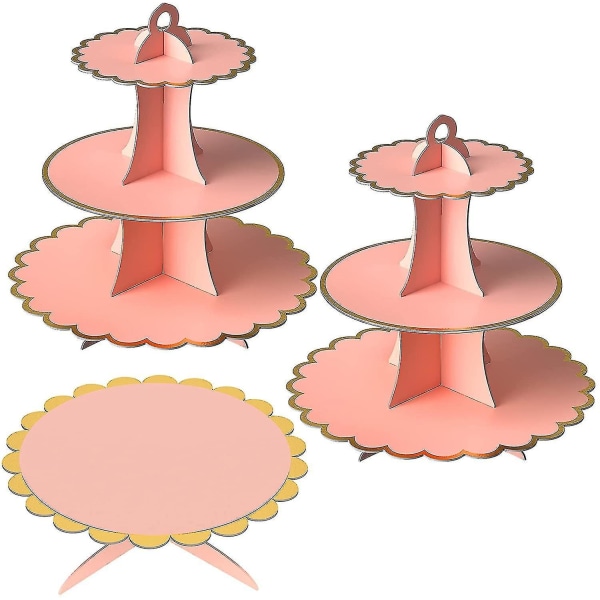 Set av 3 rosa tårthållare runda tårtställ födelsedagsfest