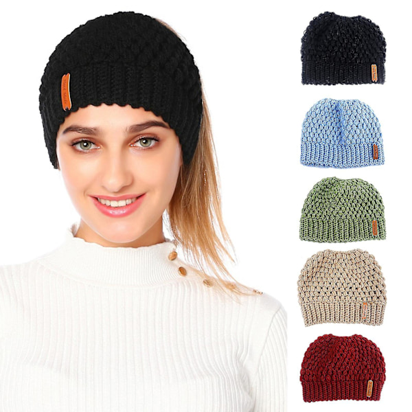 Dametøj Chunky Crochet Strikket Stræk Beanie Hat Høj Messy Bun Hestehale Solid Farve Vinter Hullet Skull Cap Ørevarmer