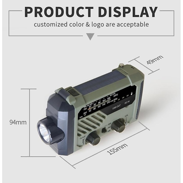 Hätäradio AM/FM/NOAA, käsikäyttöinen paristoilla toimiva aurinkopaneeliradio LED-taskulampulla, SOS-hälytys White