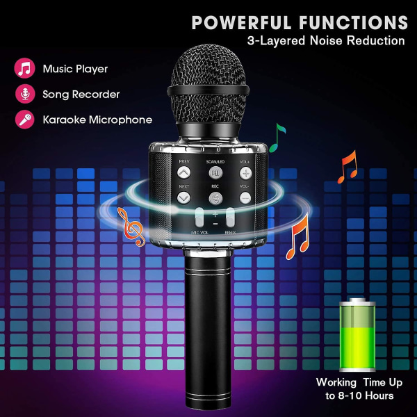 Bluetooth 4 i 1 Karaoke Trådløs Mikrofon med LED-lys, Bærbar Mikrofon