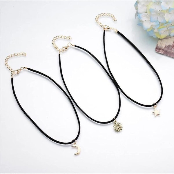 Svart Lagdelt Stjerne Måne Choker Halskjede Gull Sol Henger Halskjede Vintage Skinn Gave