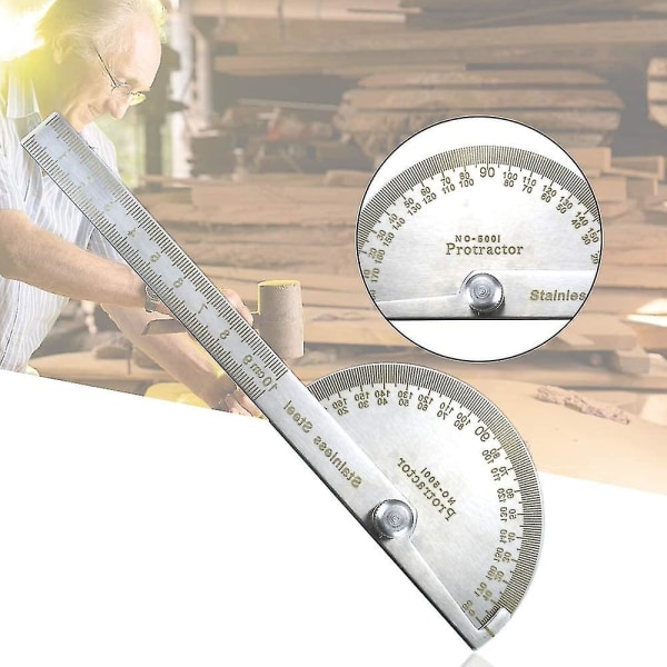 Trearbeidsvinkelmåler 10 cm Rustfritt Stål 0-180 Grader Vinkelmåler Avtakbart Roterende Rundt Hode Vinkelmåler Universal Gonometer Vinkel Finne Verktøy Fo
