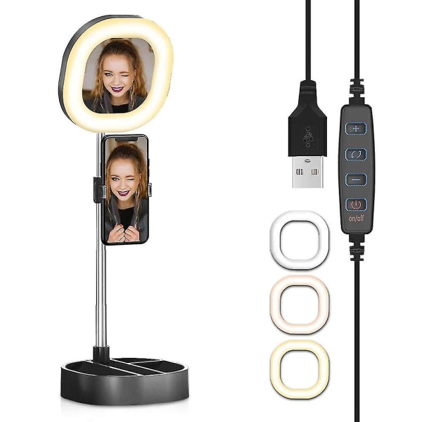Led-ringlys Sammenleggbart utfyllingslys med speil Mobiltelefonholder, 3 fargemoduser og 10 lysstyrker Ringlys for video Live Streaming Make-up Photog