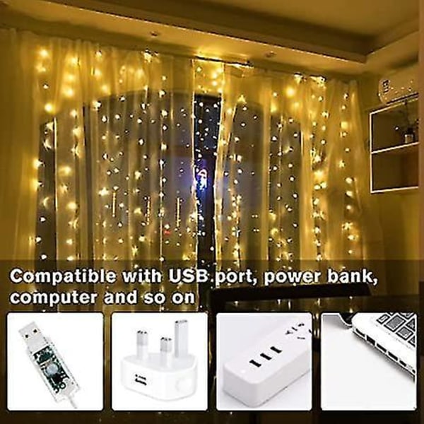 LED Gardinlys Vindue Fe 3mx3m 300 LED'er USB 8 Tilstande