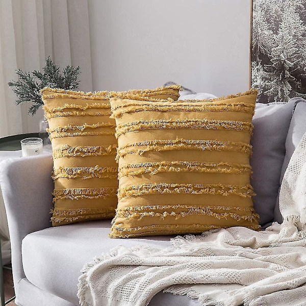 Set med 2 Dekorativa Bohemiska Kuddfodral i Linne med Randig Jacquardmönster, Kuddfodral för Soffa, Soffgrupp, Vardagsrum, Sovrum