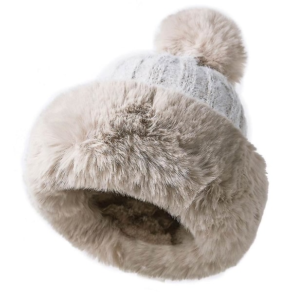 Dame Faux Fur Strikket Lue med Fleecefôr Vintervarm Ushanka Lue Beanie Skikappe Beige