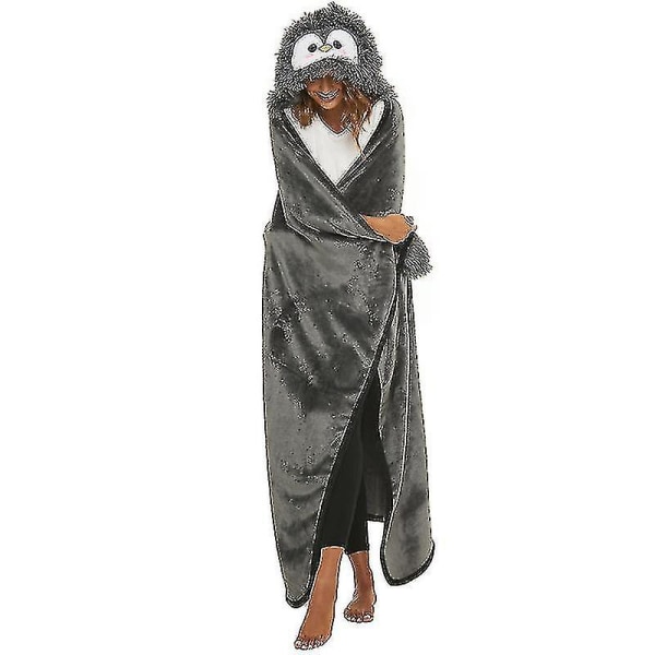 Hooded Animal Sloth Penguin Yak Broderad dubbelsidig filt Flanellfilt Bärbar gray penguin