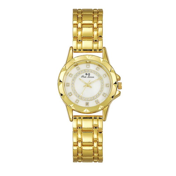 Trendy Stålklokke Enkelt Dame Temperament Gullklokke Rundt Urverk Fullt Diamant Kvartsklokke Gold