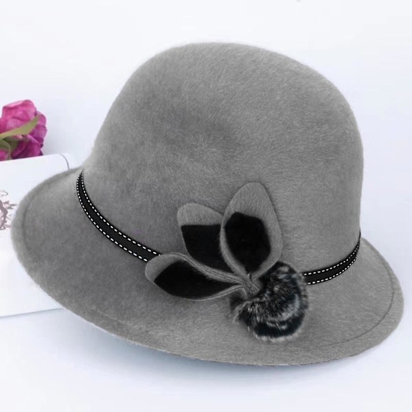 Elegant Damehat med Bred Skygge - Hold Varmen - Ensfarvet - Vinter/Efterår - Kuppelhat med Blomst til Daglig Brug Black