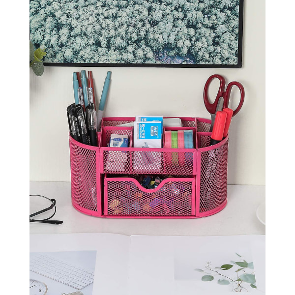 Office Mesh Skrivebord Tidy Alsidig Stationery Opbevaring Desktop Organizer Penholder med Skuffe, pink