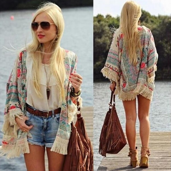 Dame sommerbluse Blomsterskjorte Kimono Cardigan Casual