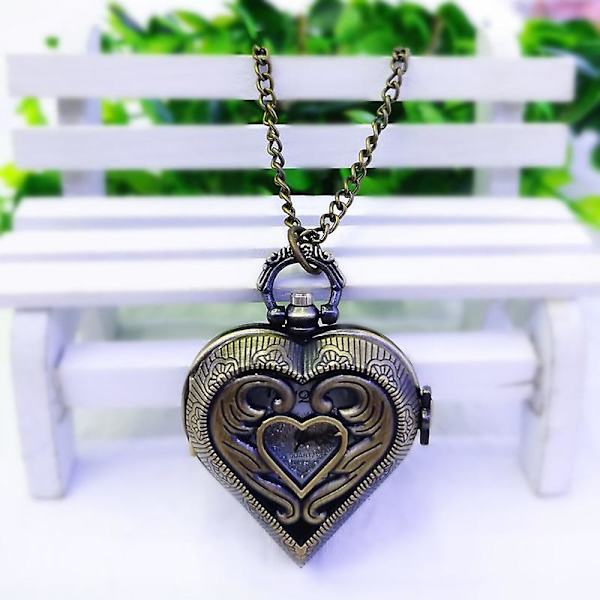 Vintage Klocka Mode Nostalgisk Gammal Man Halsband Kvarts Fickur Flip Ihålig Hjärta-formad Fickur Heart shape
