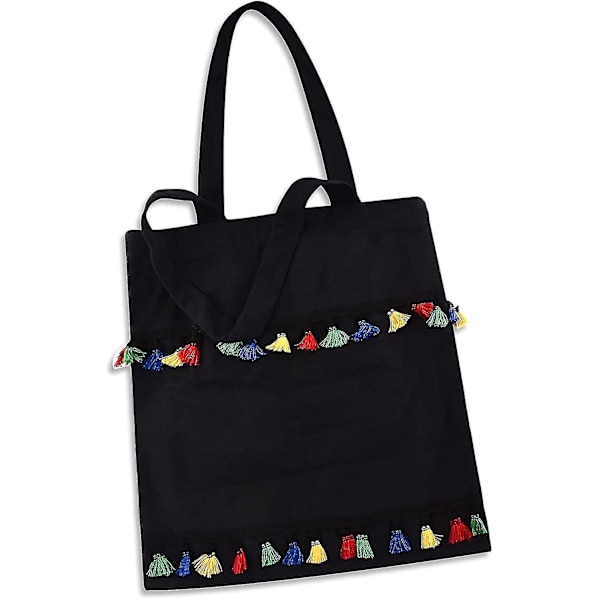 Håndtaske Canvas Tassel Tote Bag Shopping Bag Tote Skuldertaske Tote Damer Piger, Sort