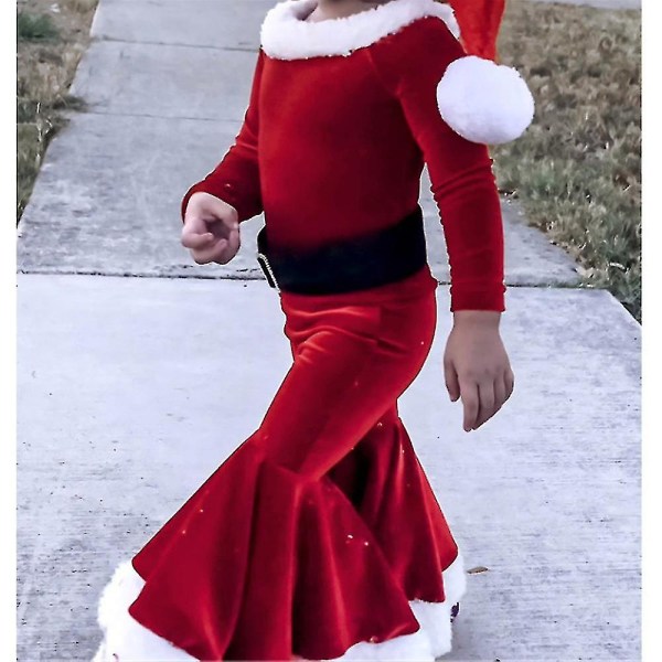 Flickor Kläder Set ärm Topp utsvängda botten Xmas Santa Claus kostym 5-6 Years Red