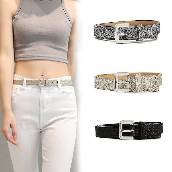 Dametøj Skinny Bling Glitter Talje Bælte Imitation Læder Tynd Taljebånd Silver