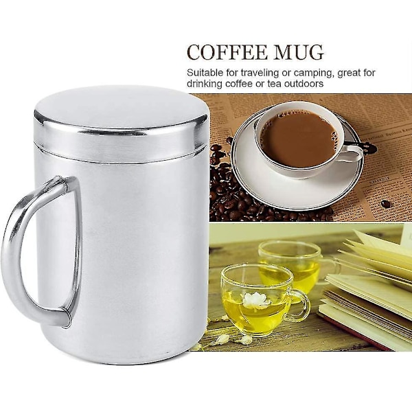 Rustfrit Stål Kaffe Krus, Dobbelt Væggede Krus Med Låg Og Håndtag Til Vandreture Camping Krus