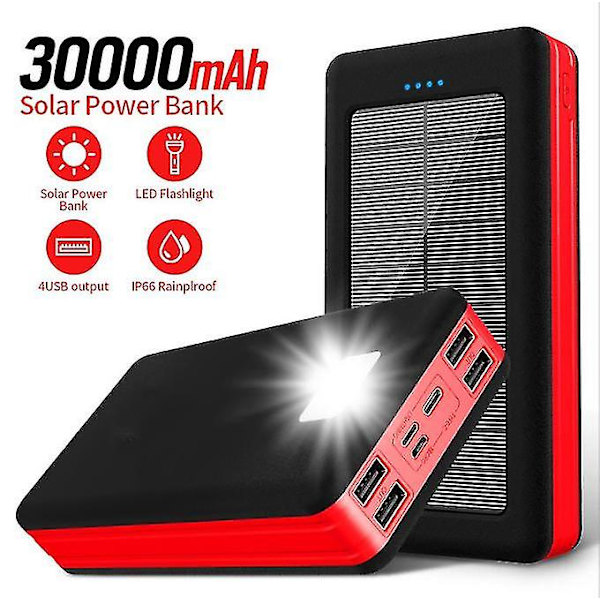 30000 mAh Power Bank 4 Portilla - Sisäänrakennettu Taskulamppu - Ulkoinen Hätäakku Akun Latauslaite Latauslaite 1 kpl - Musta Punainen