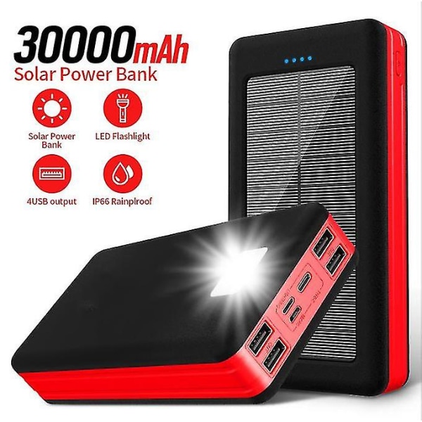 30000mah Powerbank med 4 porter - Innebygd lommelykt - Ekstern nødstrømbatteri Batterilader Lader 1stk-svart rød