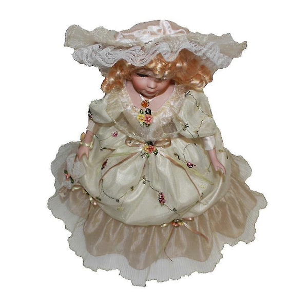 40cm Viktoriansk Porslinsdocka Figuriner i Beige Klänning Hatt Hem
