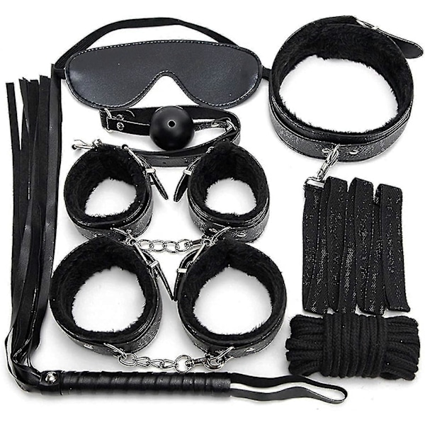 7-delars läderbondage-set för vuxna - handbojor/piska/boll/rep/halsband/bindning