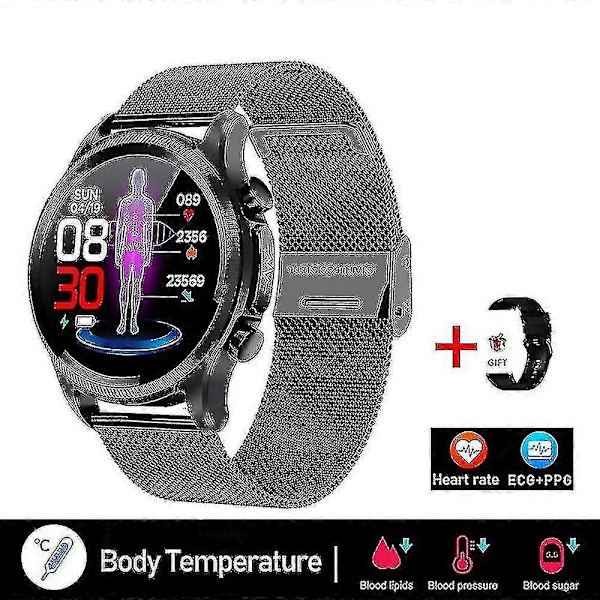 2024 Blodsocker Smartwatch ECG+PPG Övervakning Blodtryck Kroppstemperatur Smartwatch Män IP68 Vattentät Fitness Tracker - Smarta Klockor Ny Mesh belt black