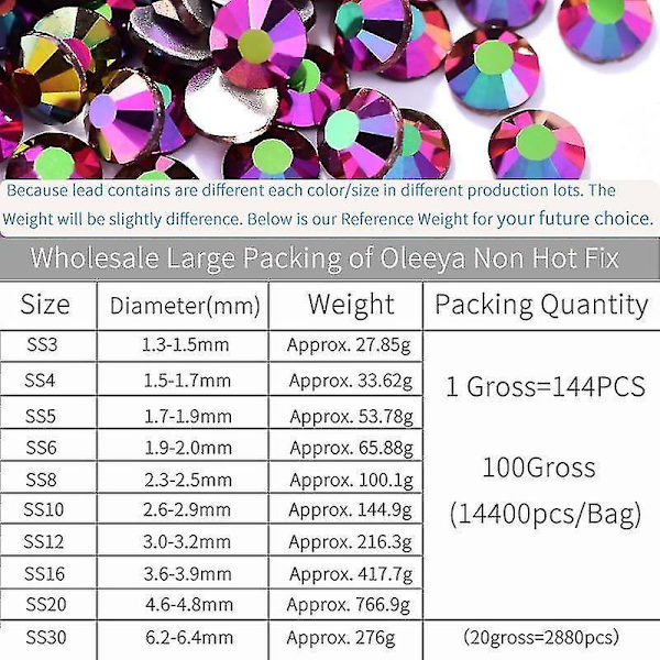 200 stk Bulkpakke Rhinestones SS3 SS20 Negledekorasjoner