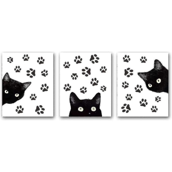 Sæt med 3 Animal Cat Wall Art Prints Black Cat and Claw