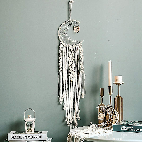 Boheme Macrame Væghængning med LED-lys, bomuldsstrikket drømmefanger måne vægtapet med frynser dekorationer til børneværelse fest pynt